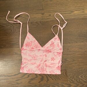 Pink Floral Embroidered backless top